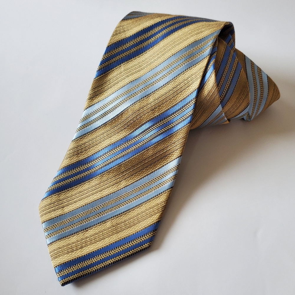 100% Silk COLOURS Alexander Julian Classic Striped Suit Tie Blue & Gold Diagonal